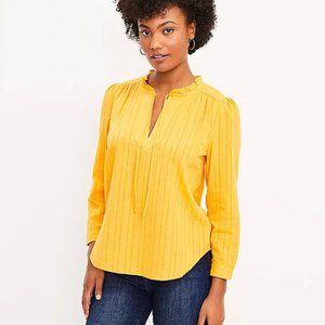 LOFT | Striped Ruffle Tie Neck Blouse | Honey Yellow | X-Large